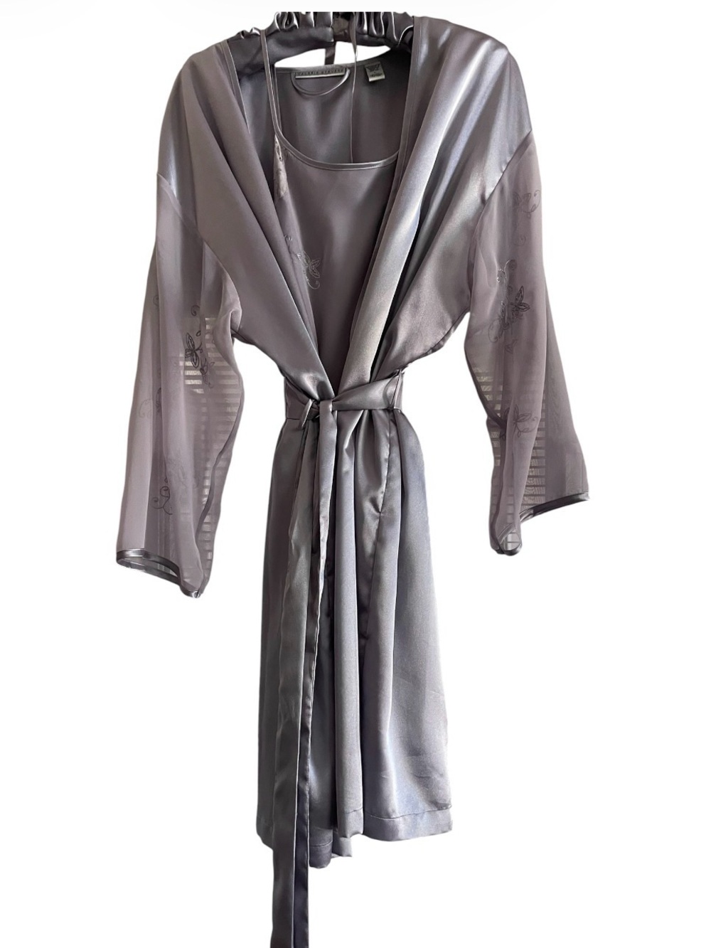 Valerie Stevens Gray Satin Robe with Sheer Embroidered Sleeves, Gown & hanger